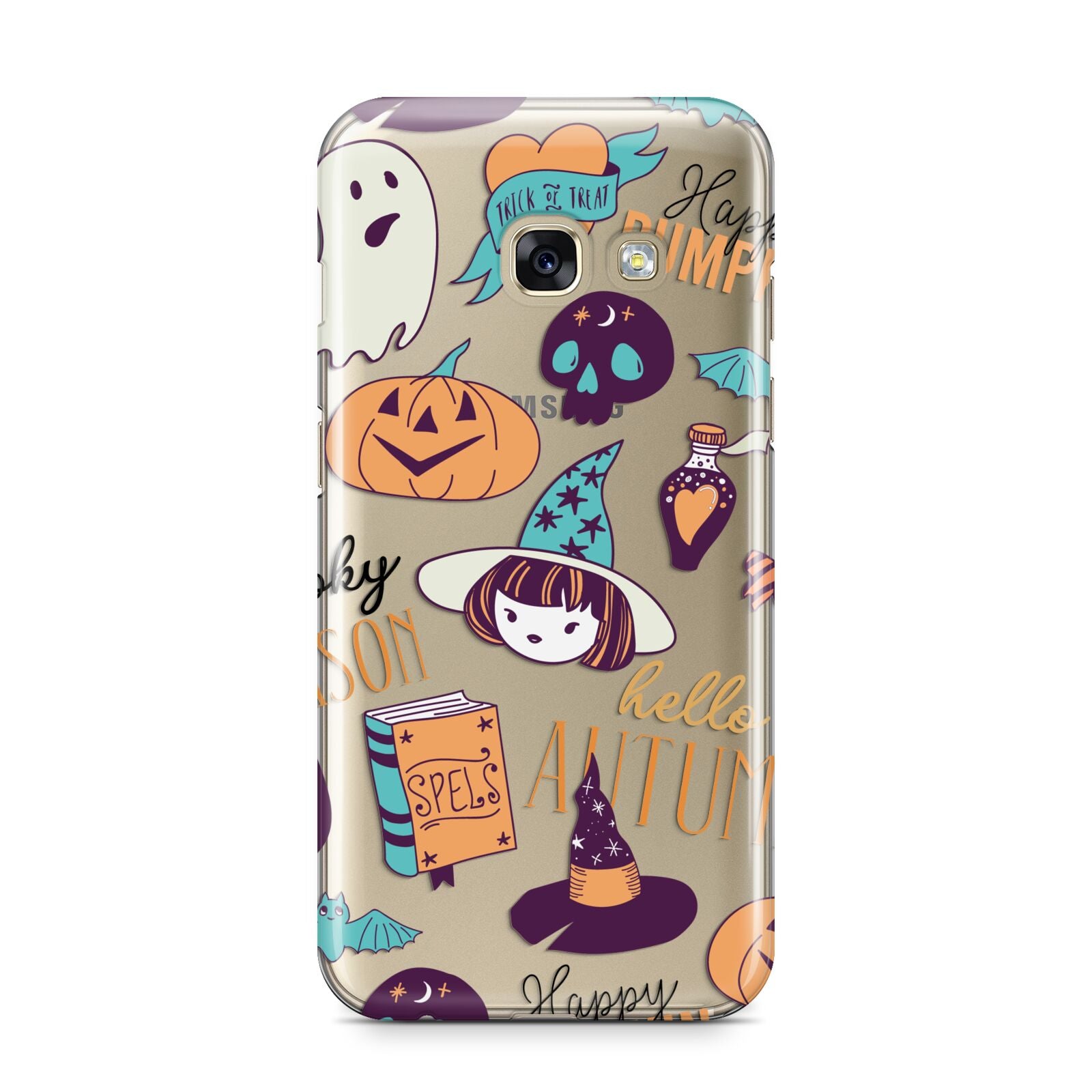 Orange and Blue Halloween Illustrations Samsung Galaxy A3 2017 Case on gold phone