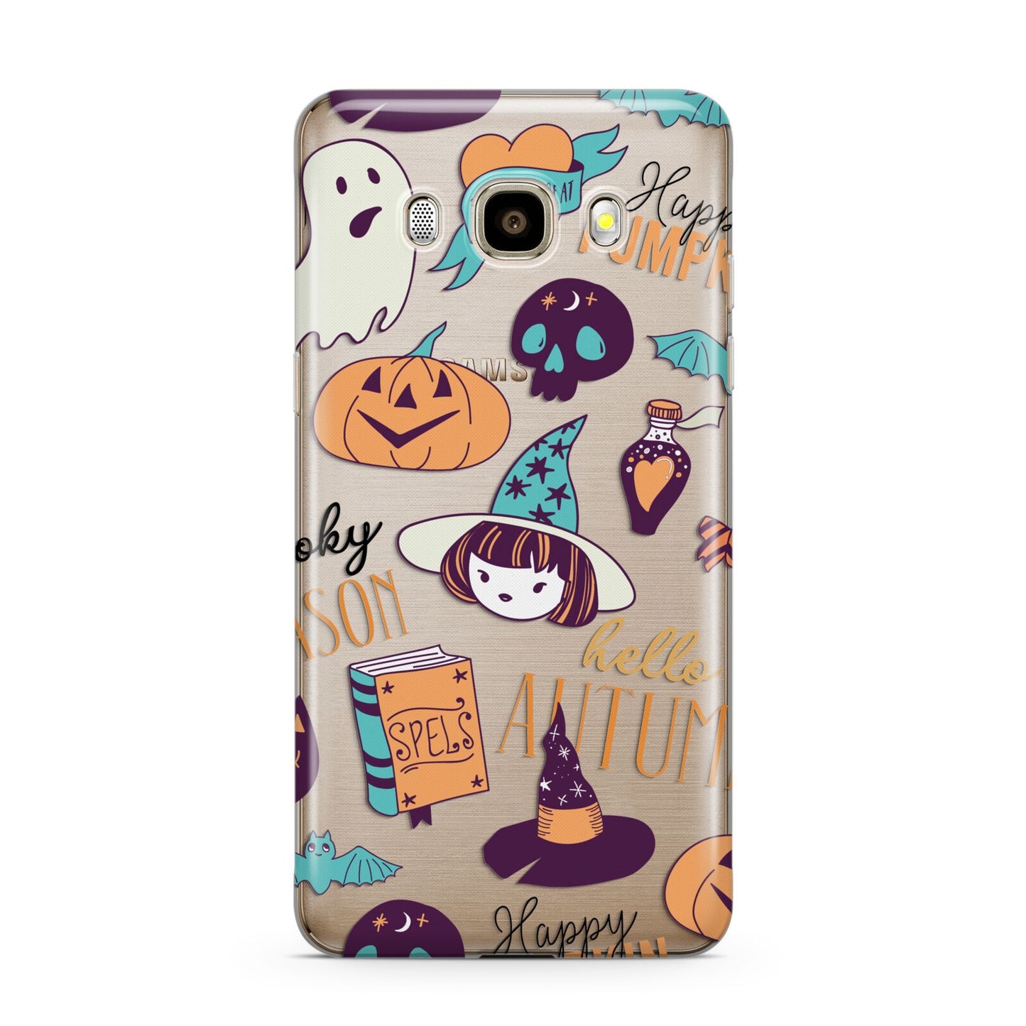 Orange and Blue Halloween Illustrations Samsung Galaxy J7 2016 Case on gold phone
