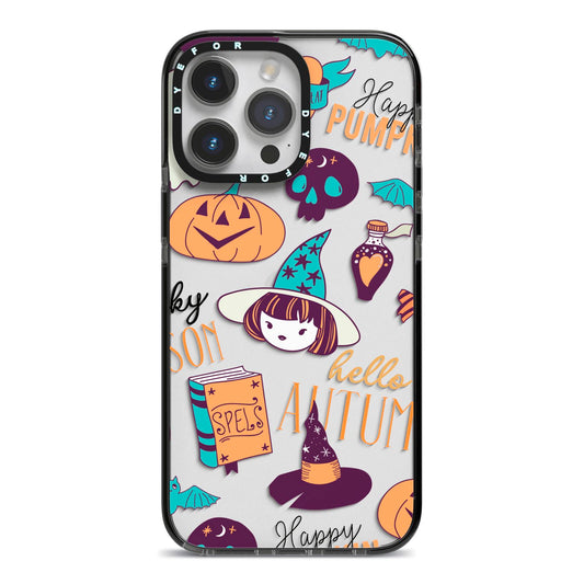 Orange and Blue Halloween Illustrations iPhone 14 Pro Max Black Impact Case on Silver phone