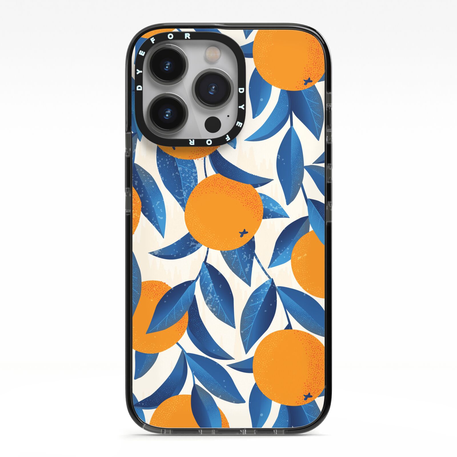 Oranges iPhone 13 Pro Black Impact Case on Silver phone