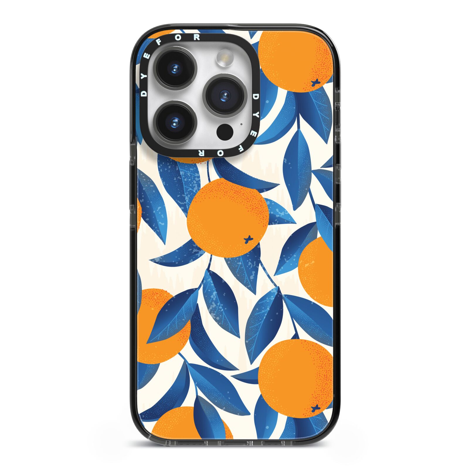 Oranges iPhone 14 Pro Black Impact Case on Silver phone