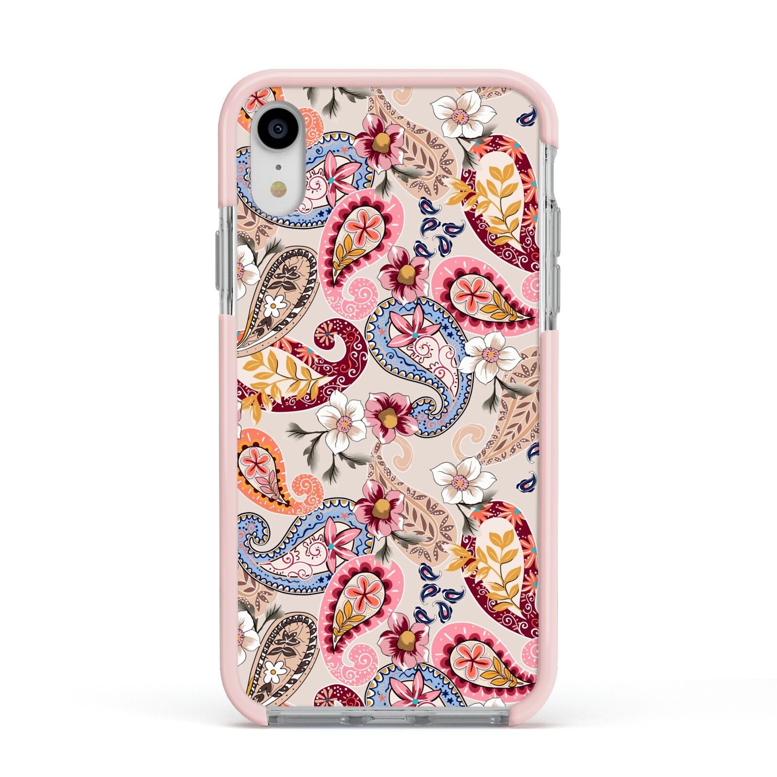 Paisley Cashmere Flowers Apple iPhone XR Impact Case Pink Edge on Silver Phone