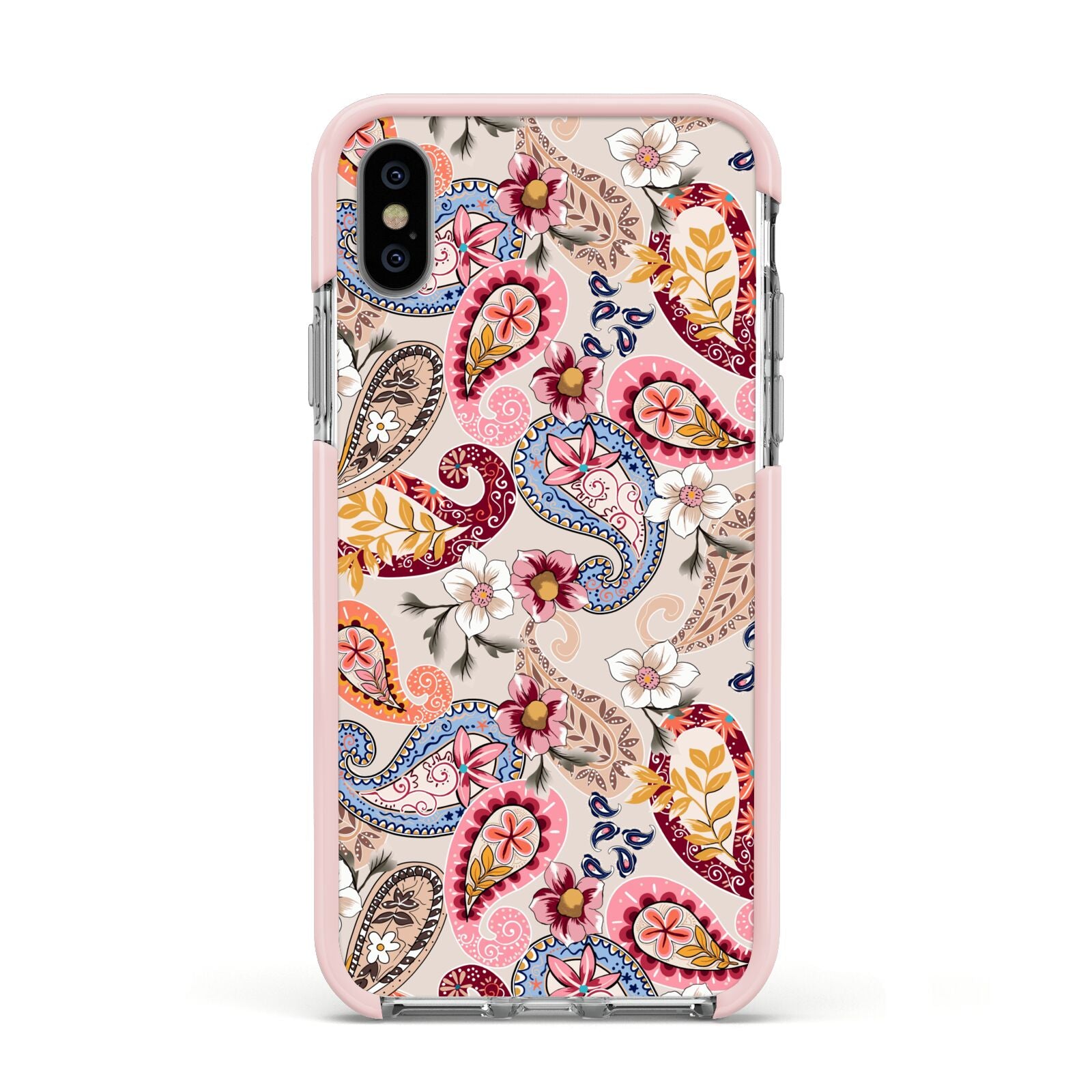 Paisley Cashmere Flowers Apple iPhone Xs Impact Case Pink Edge on Silver Phone