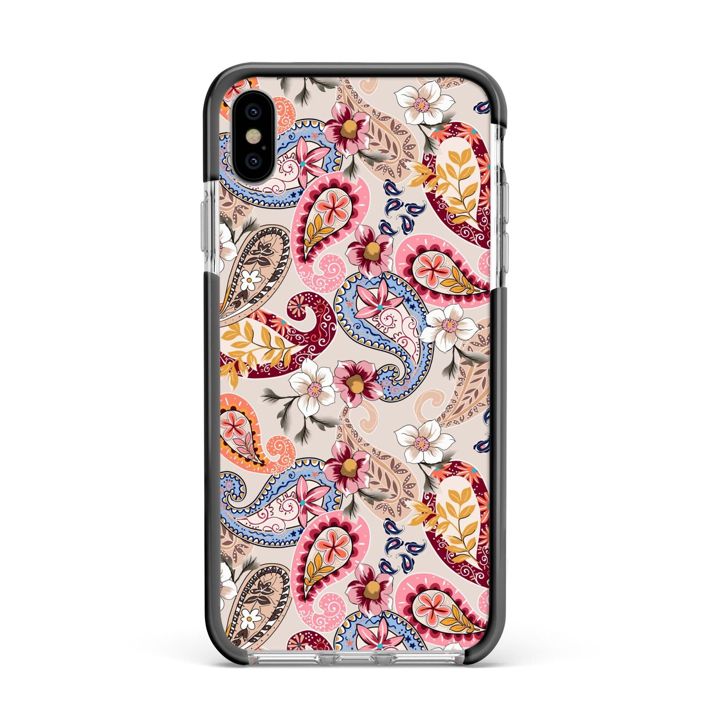 Paisley Cashmere Flowers Apple iPhone Xs Max Impact Case Black Edge on Silver Phone