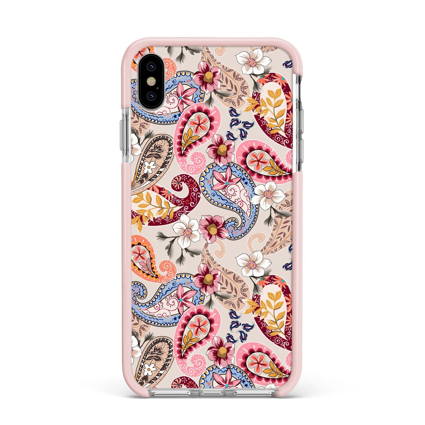 Paisley Cashmere Flowers Apple iPhone Xs Max Impact Case Pink Edge on Silver Phone