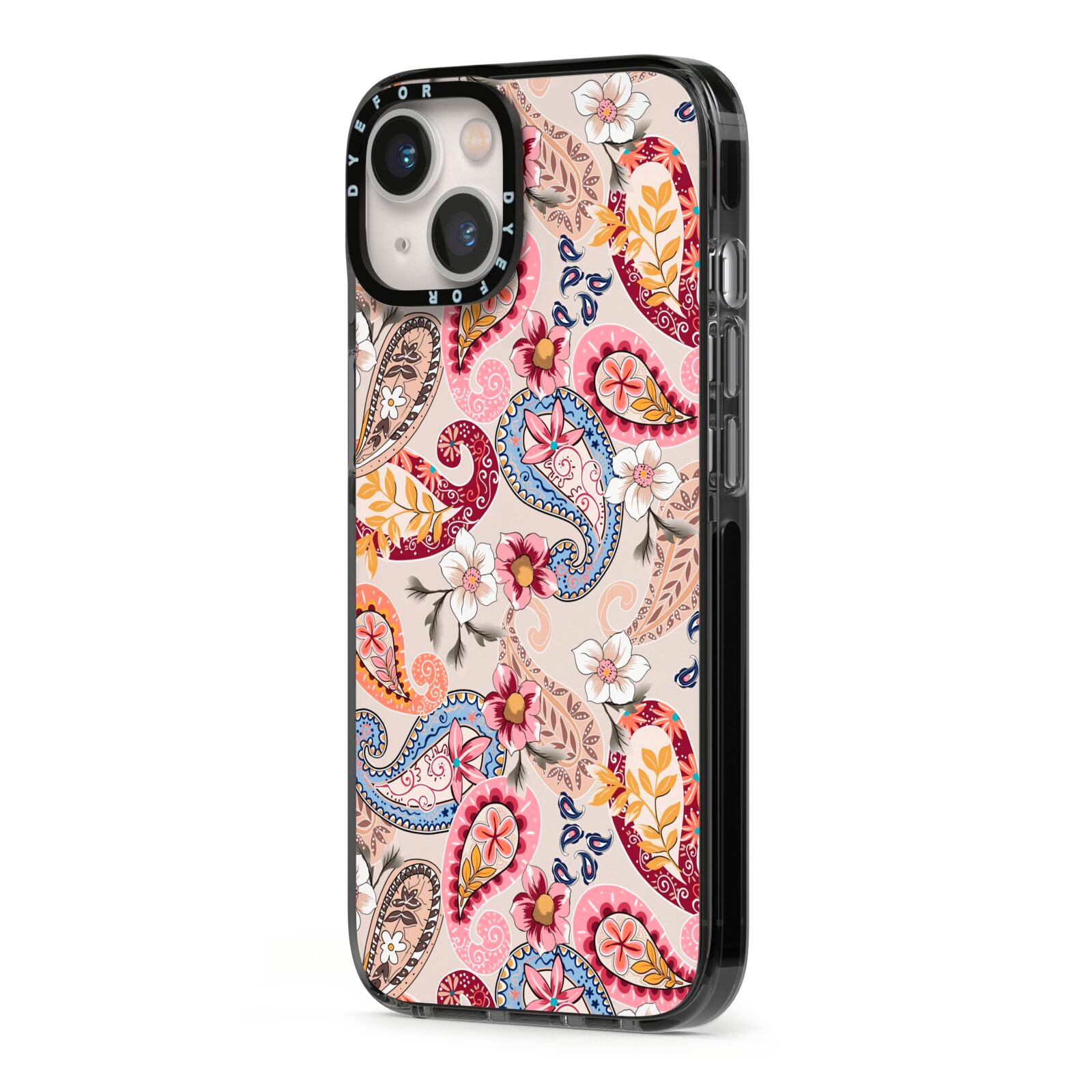 Paisley Cashmere Flowers iPhone 13 Black Impact Case Side Angle on Silver phone