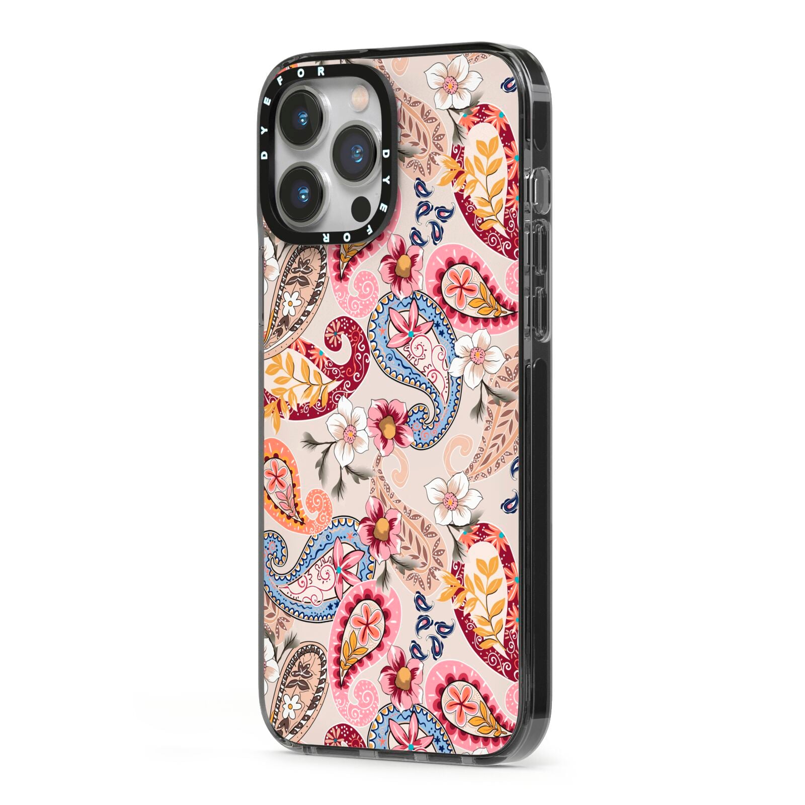 Paisley Cashmere Flowers iPhone 13 Pro Max Black Impact Case Side Angle on Silver phone