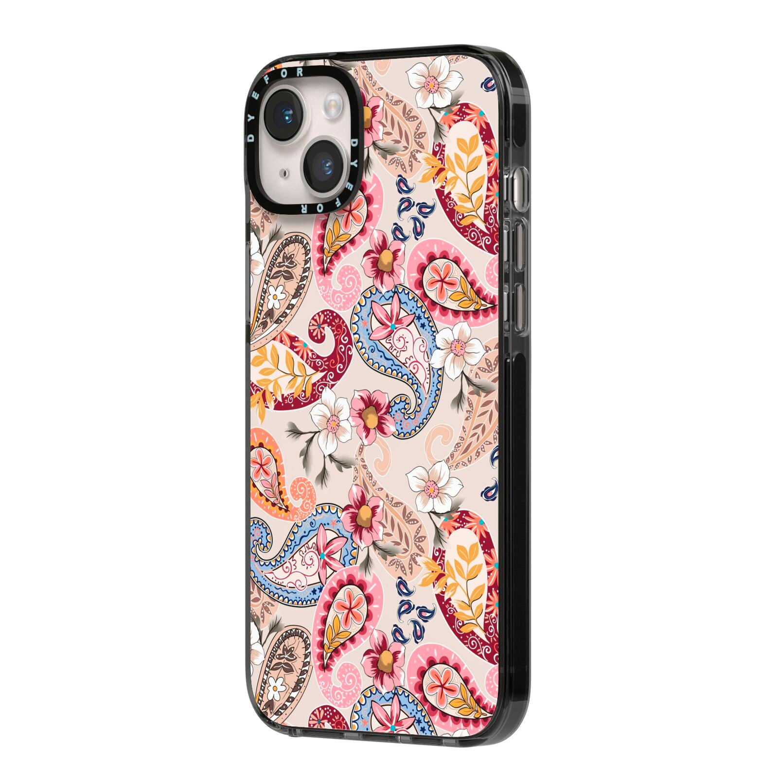 Paisley Cashmere Flowers iPhone 14 Plus Black Impact Case Side Angle on Silver phone