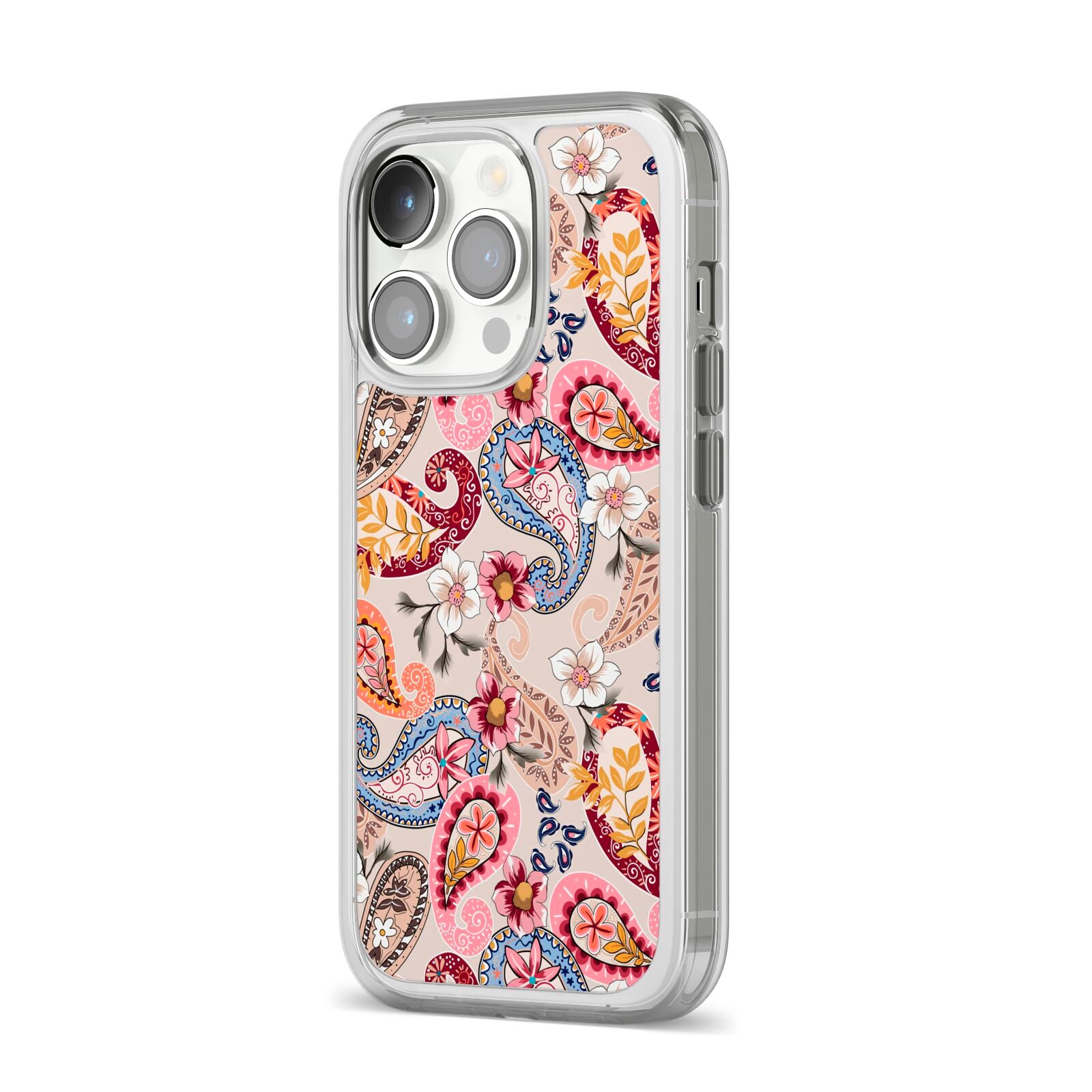 Paisley Cashmere Flowers iPhone 14 Pro Clear Tough Case Silver Angled Image