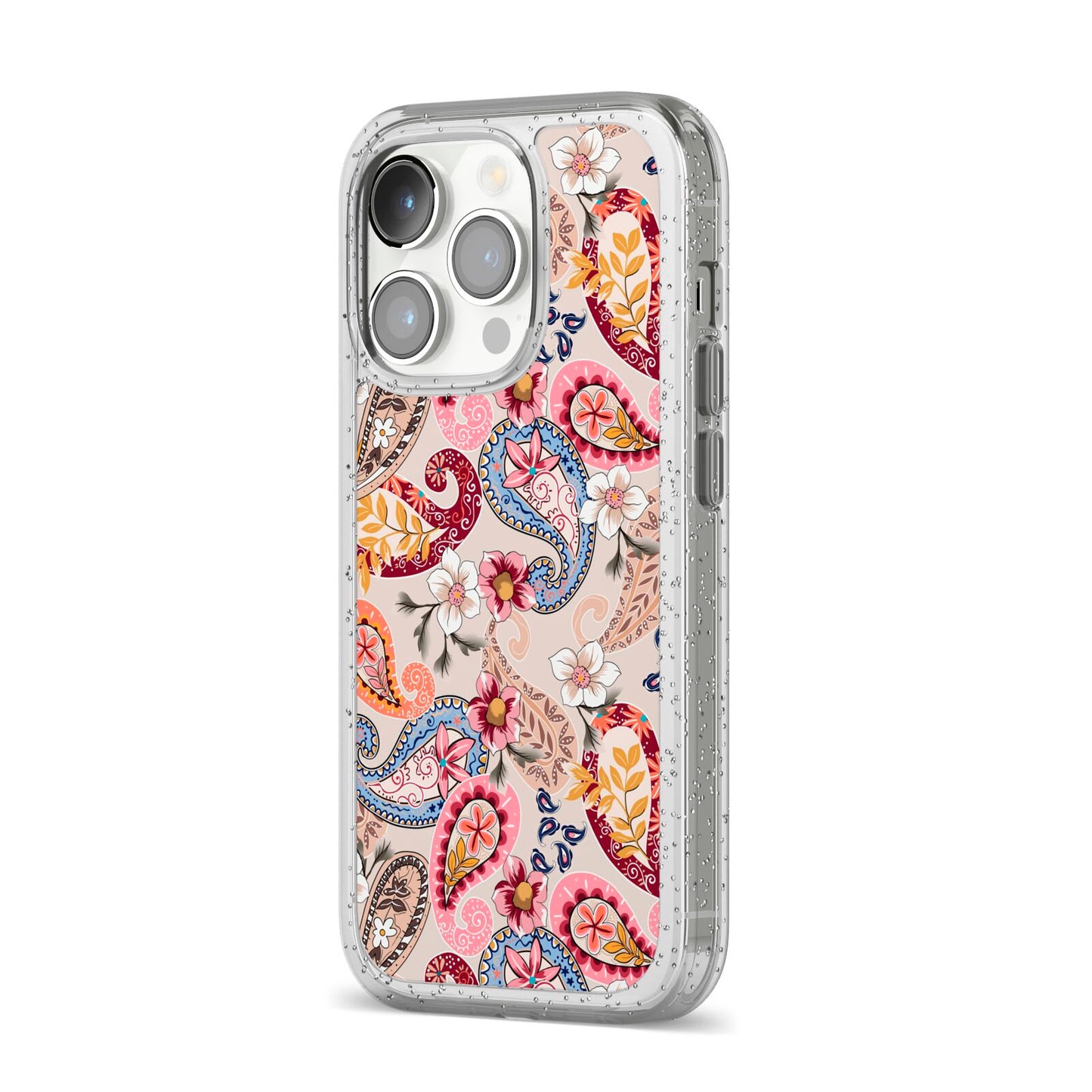 Paisley Cashmere Flowers iPhone 14 Pro Glitter Tough Case Silver Angled Image