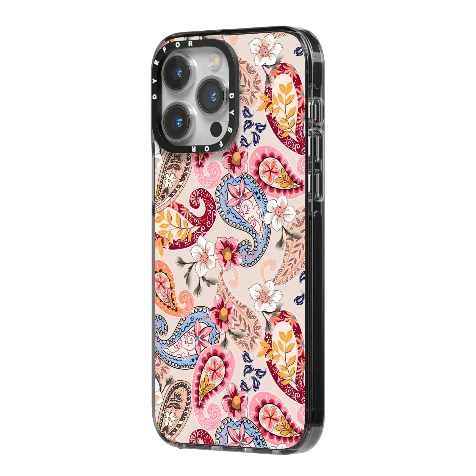Paisley Cashmere Flowers iPhone 14 Pro Max Black Impact Case Side Angle on Silver phone