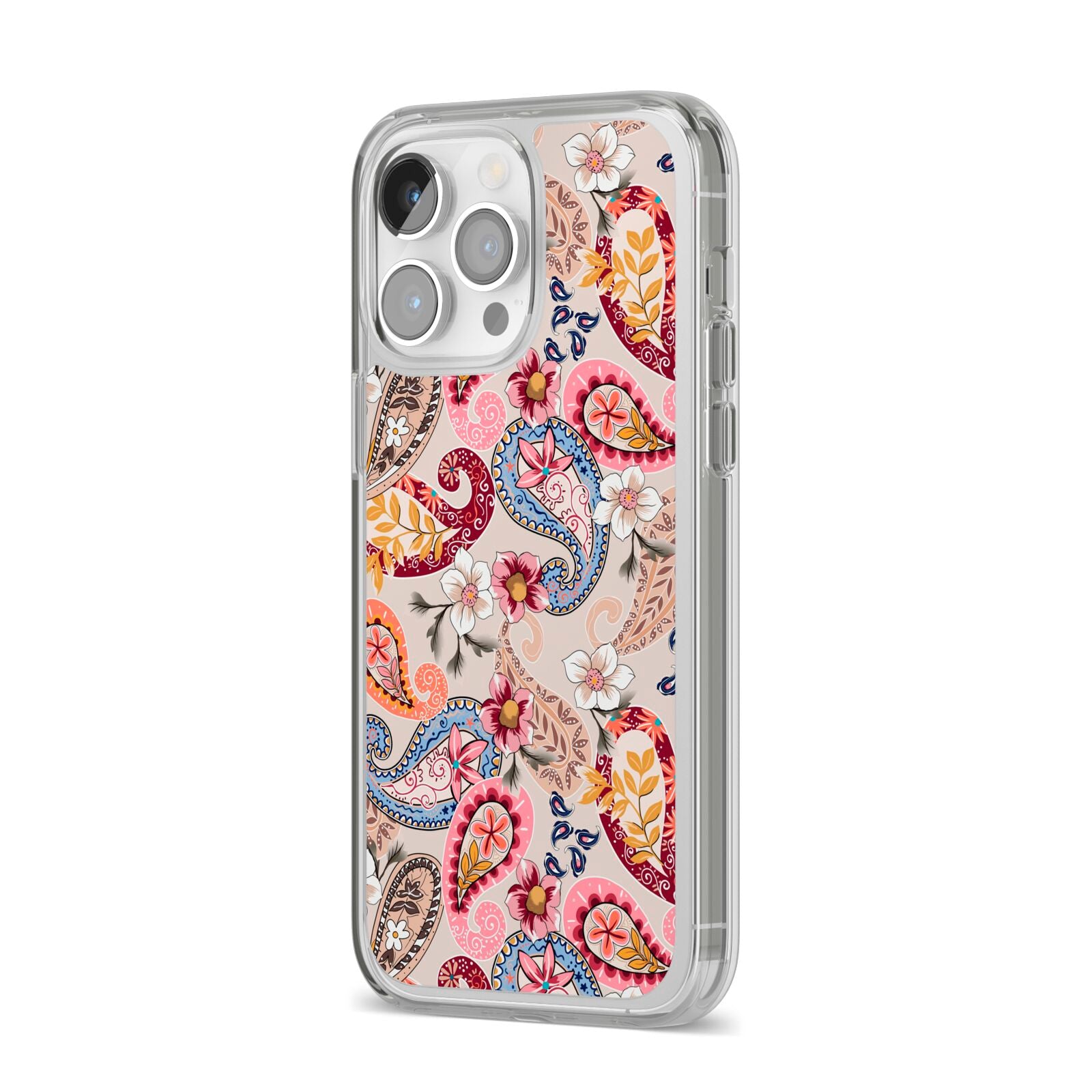 Paisley Cashmere Flowers iPhone 14 Pro Max Clear Tough Case Silver Angled Image
