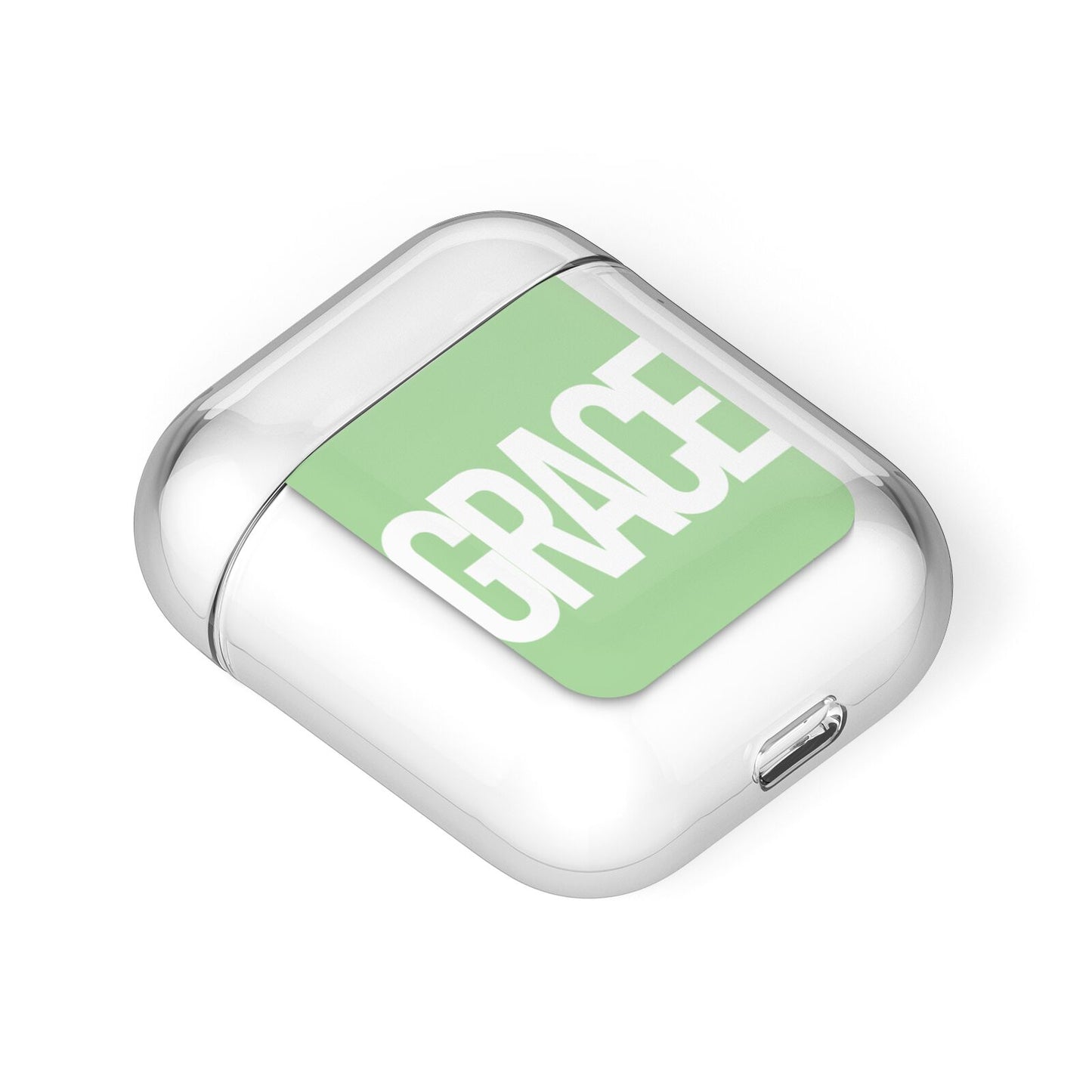 Pale Green with Bold White Text AirPods Case Laid Flat