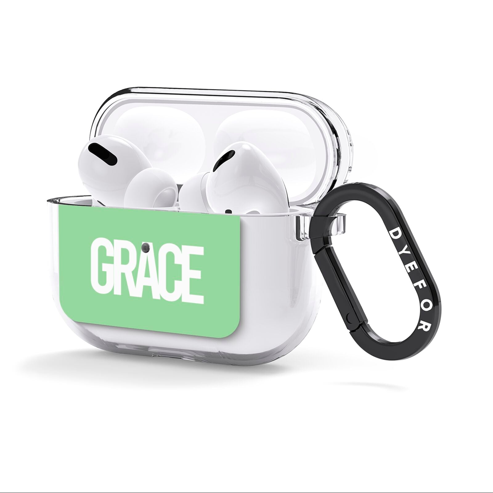 Pale Green with Bold White Text AirPods Clear Case 3rd Gen Side Image