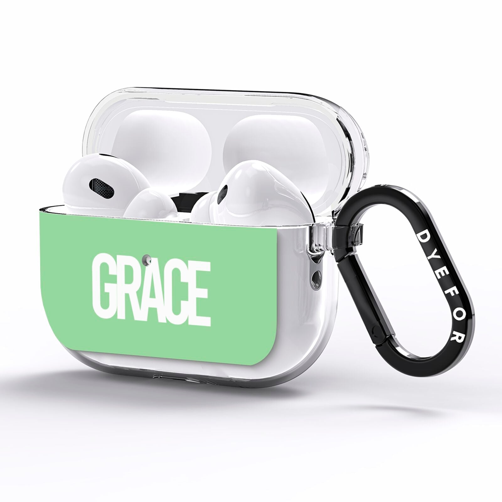 Pale Green with Bold White Text AirPods Pro Clear Case Side Image