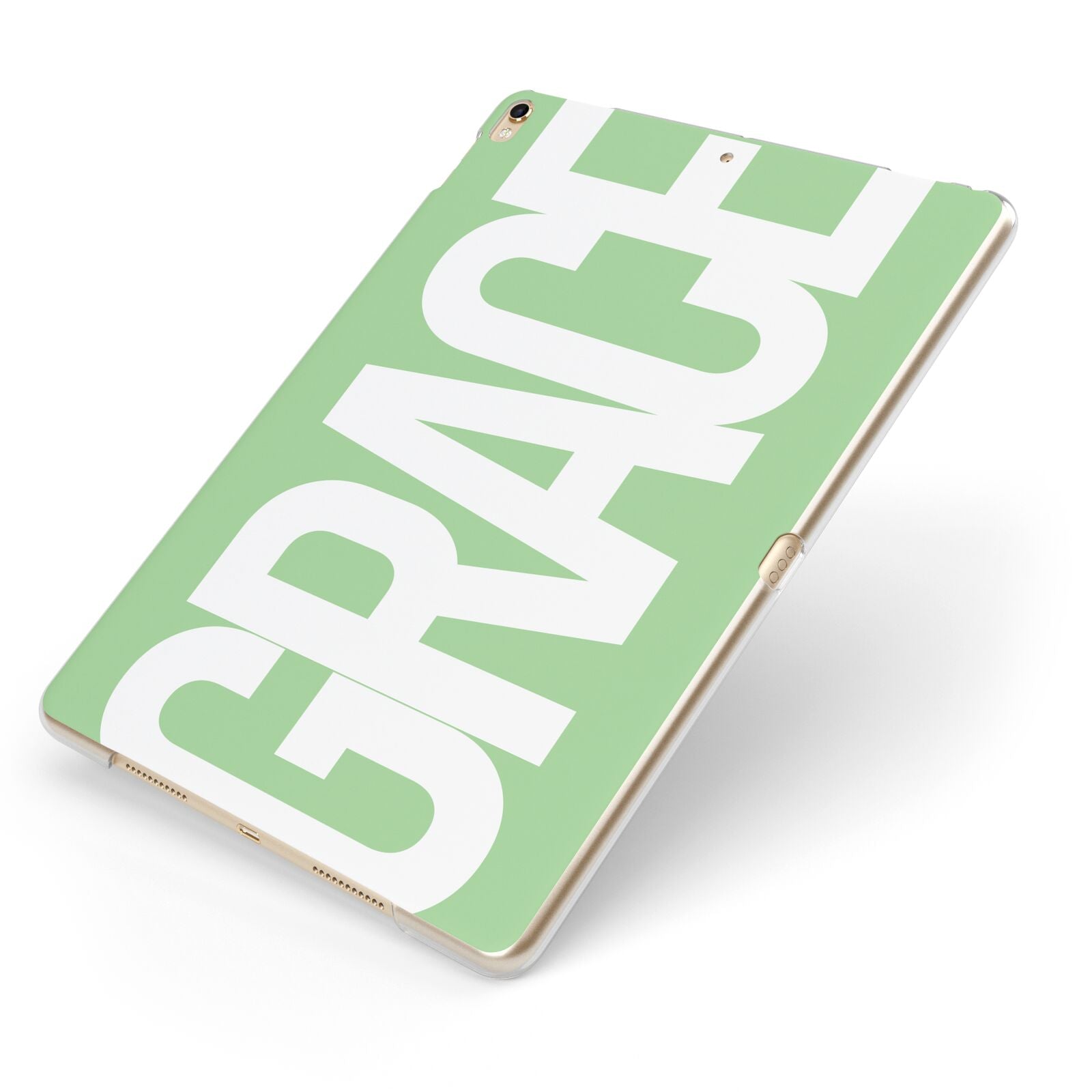 Pale Green with Bold White Text Apple iPad Case on Gold iPad Side View