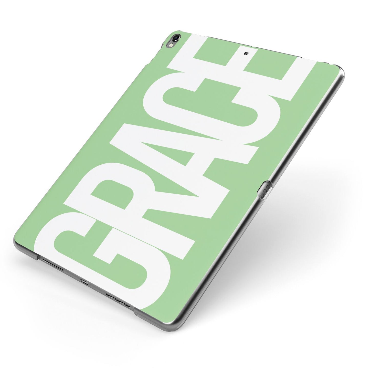 Pale Green with Bold White Text Apple iPad Case on Grey iPad Side View