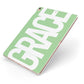 Pale Green with Bold White Text Apple iPad Case on Rose Gold iPad Side View