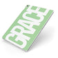 Pale Green with Bold White Text Apple iPad Case on Silver iPad Side View