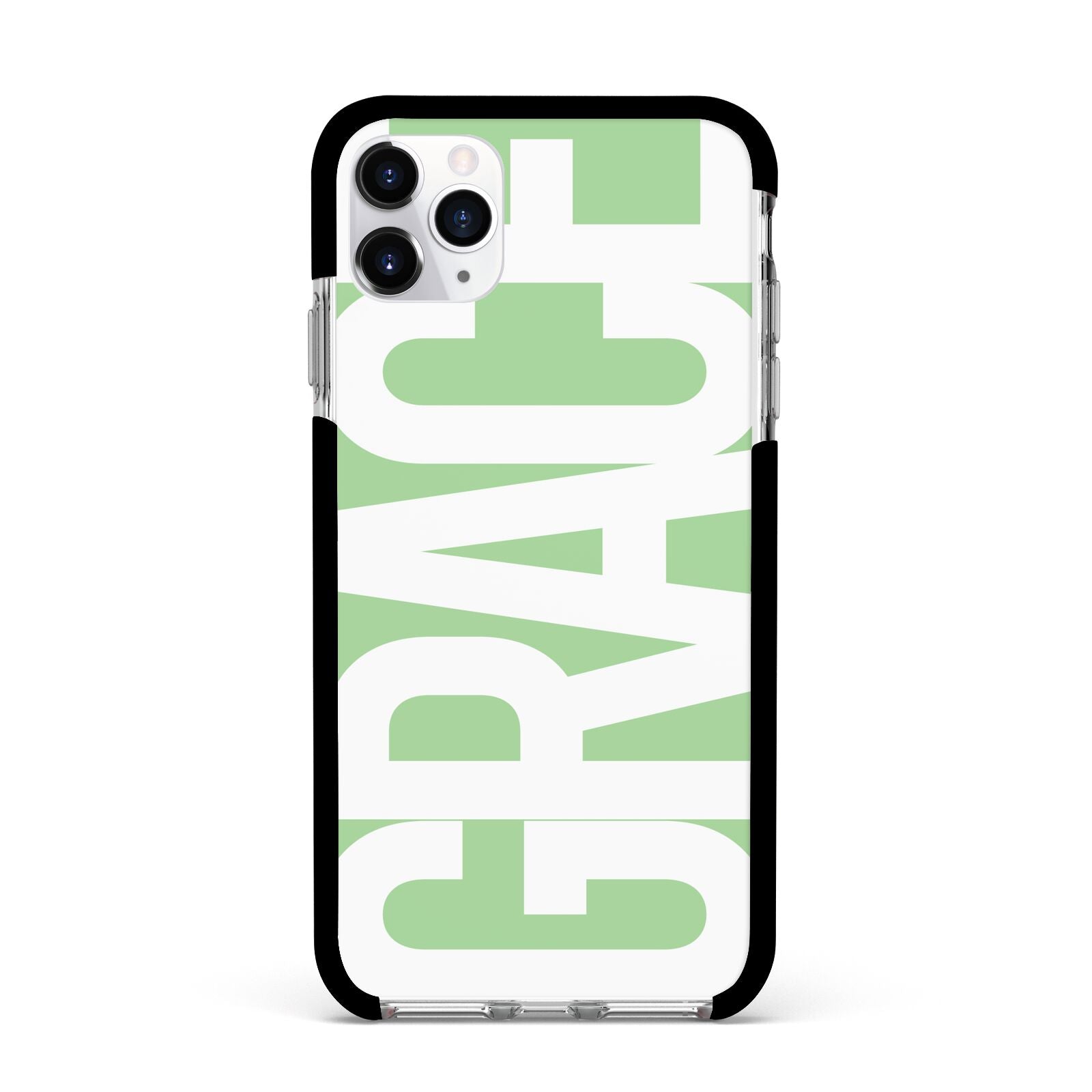Pale Green with Bold White Text Apple iPhone 11 Pro Max in Silver with Black Impact Case