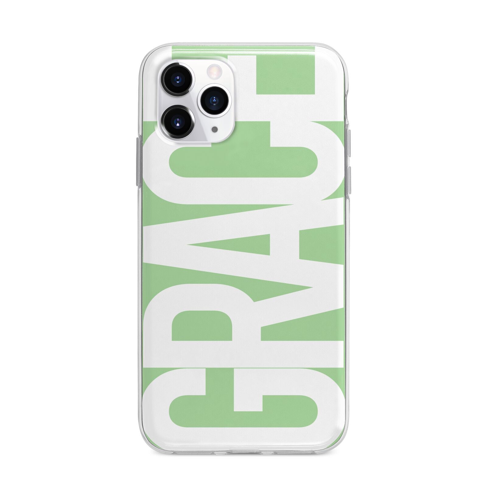Pale Green with Bold White Text Apple iPhone 11 Pro Max in Silver with Bumper Case