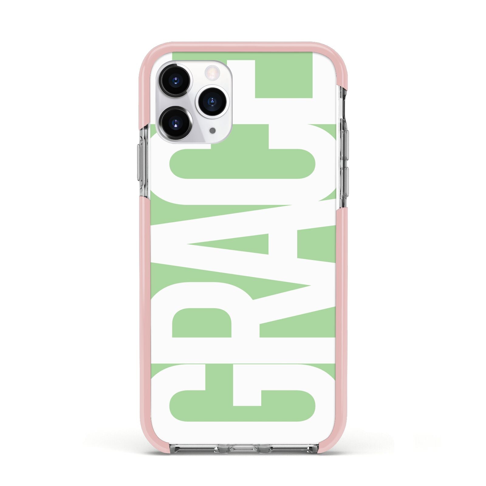 Pale Green with Bold White Text Apple iPhone 11 Pro in Silver with Pink Impact Case