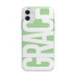 Pale Green with Bold White Text Apple iPhone 11 in White with Bumper Case
