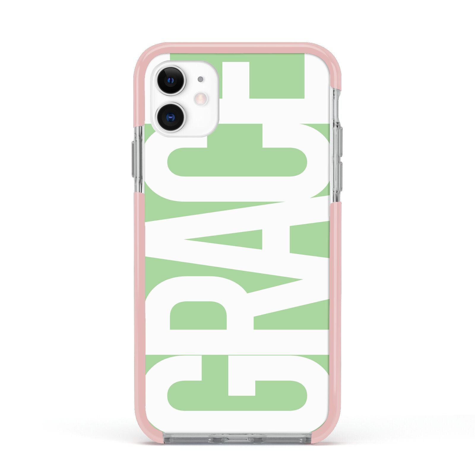 Pale Green with Bold White Text Apple iPhone 11 in White with Pink Impact Case