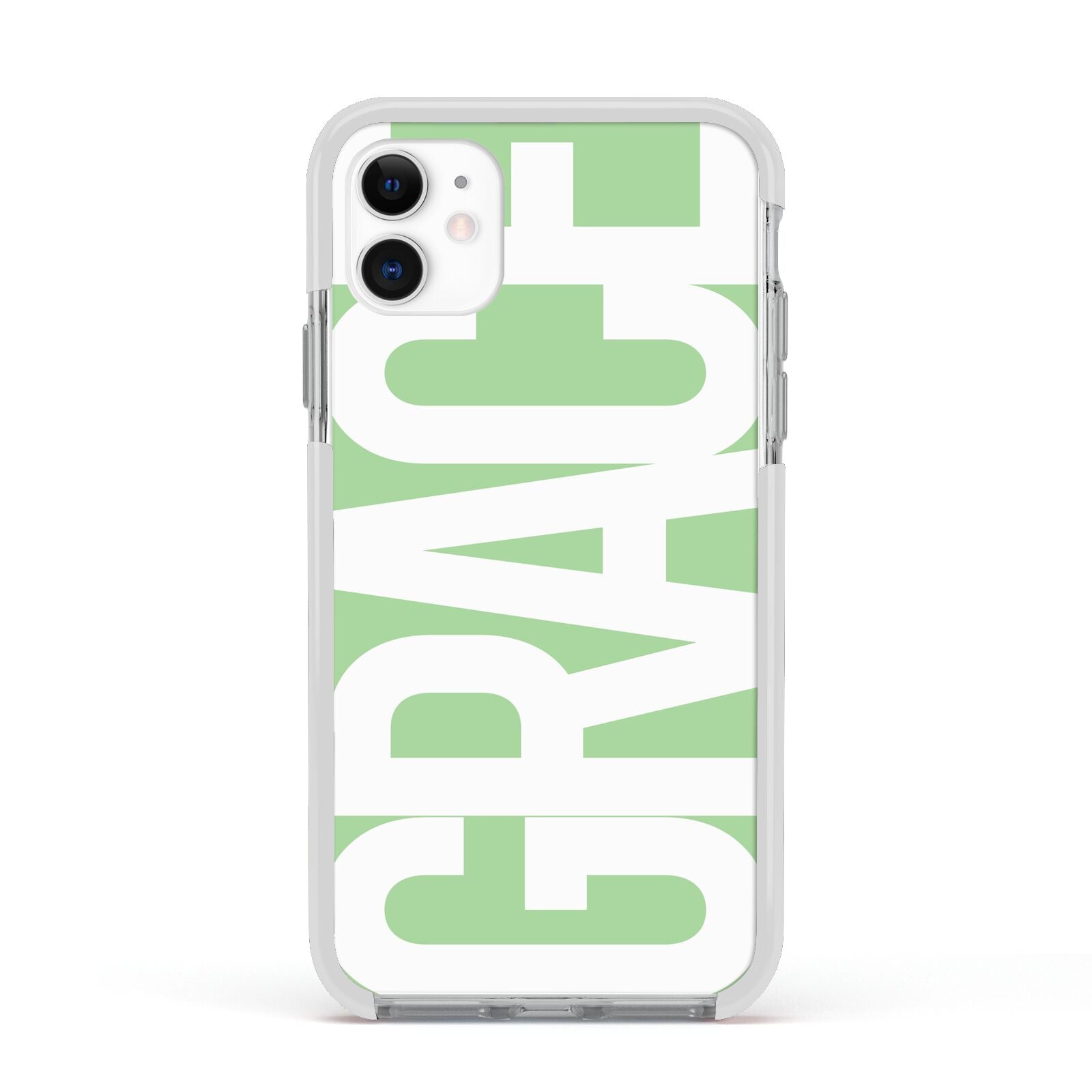 Pale Green with Bold White Text Apple iPhone 11 in White with White Impact Case