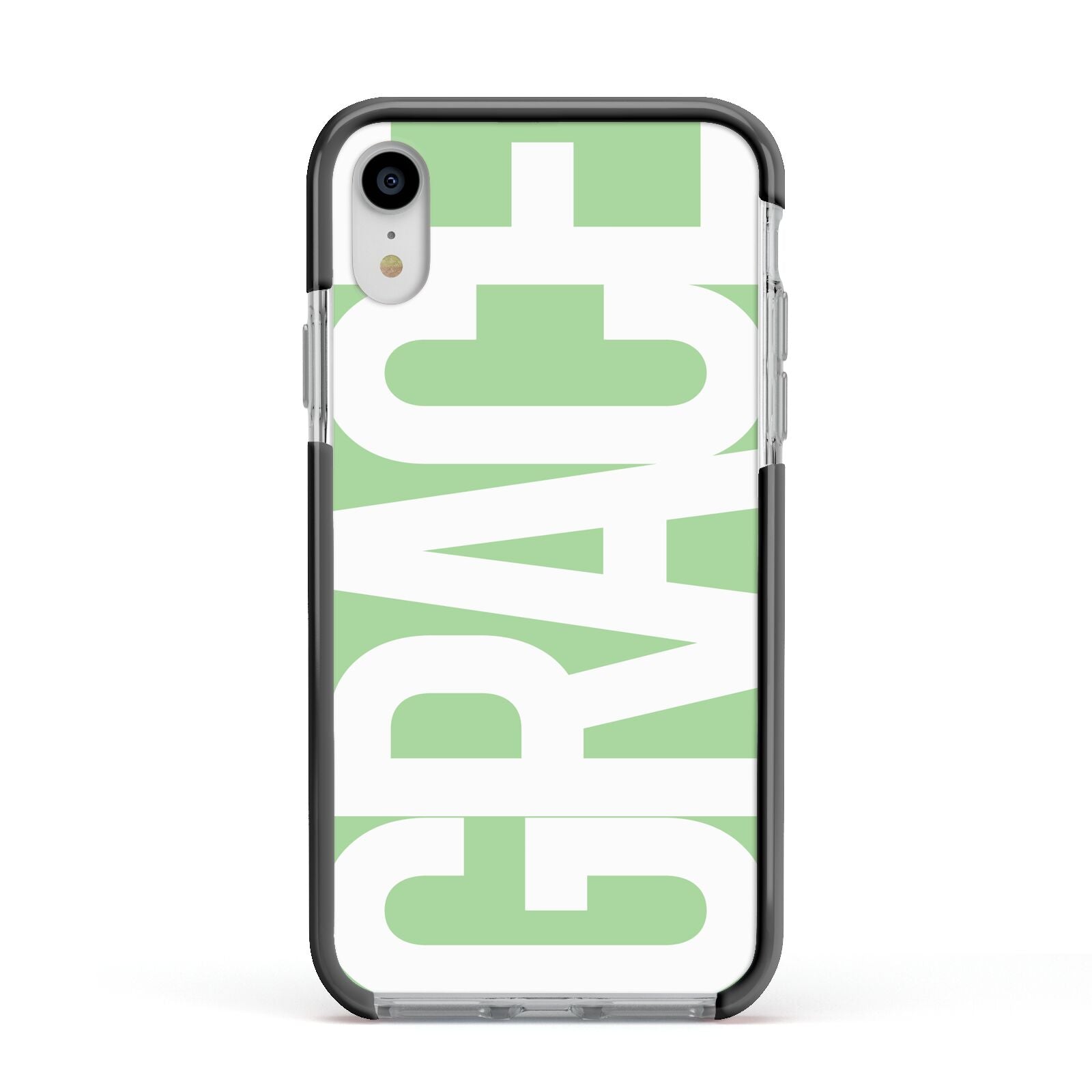 Pale Green with Bold White Text Apple iPhone XR Impact Case Black Edge on Silver Phone