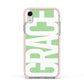 Pale Green with Bold White Text Apple iPhone XR Impact Case Pink Edge on Silver Phone