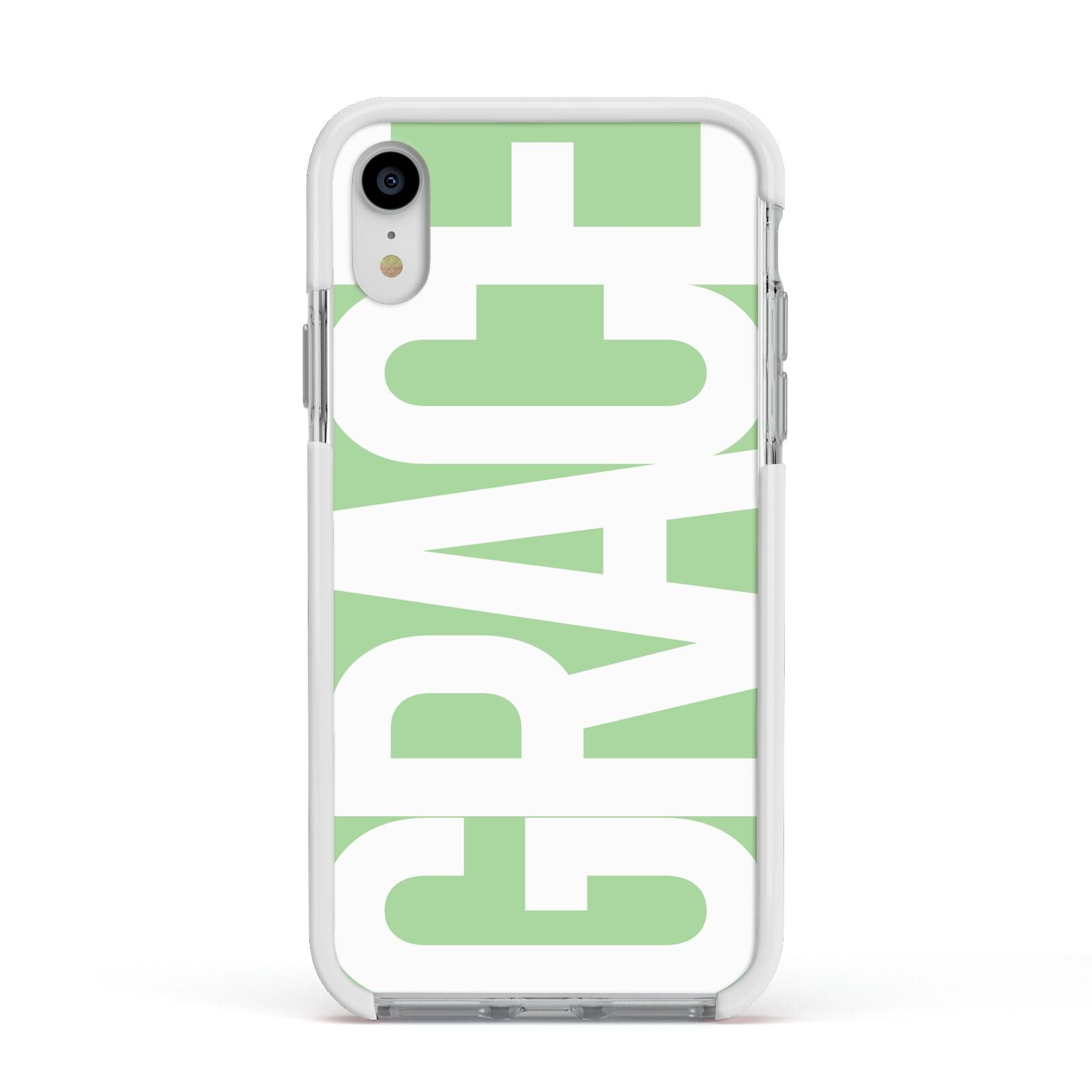Pale Green with Bold White Text Apple iPhone XR Impact Case White Edge on Silver Phone