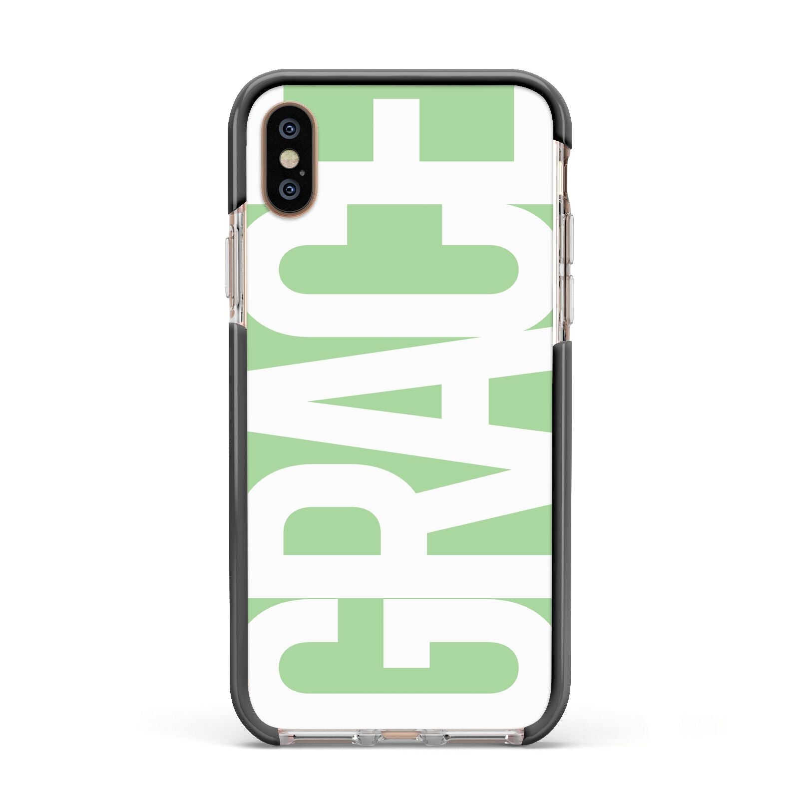 Pale Green with Bold White Text Apple iPhone Xs Impact Case Black Edge on Gold Phone