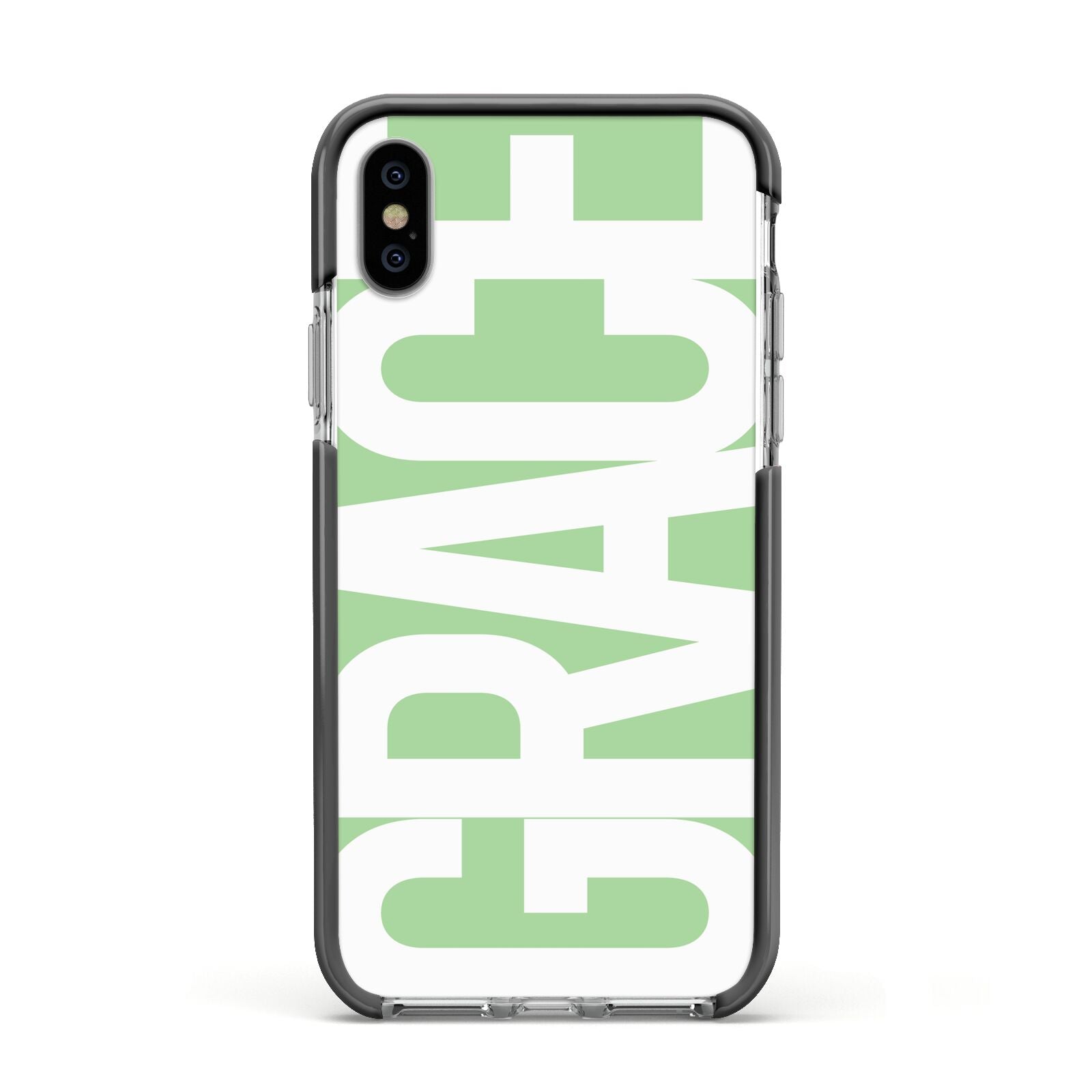 Pale Green with Bold White Text Apple iPhone Xs Impact Case Black Edge on Silver Phone