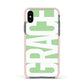 Pale Green with Bold White Text Apple iPhone Xs Impact Case Pink Edge on Black Phone