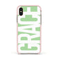 Pale Green with Bold White Text Apple iPhone Xs Impact Case Pink Edge on Gold Phone