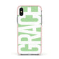 Pale Green with Bold White Text Apple iPhone Xs Impact Case Pink Edge on Silver Phone