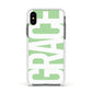 Pale Green with Bold White Text Apple iPhone Xs Impact Case White Edge on Black Phone