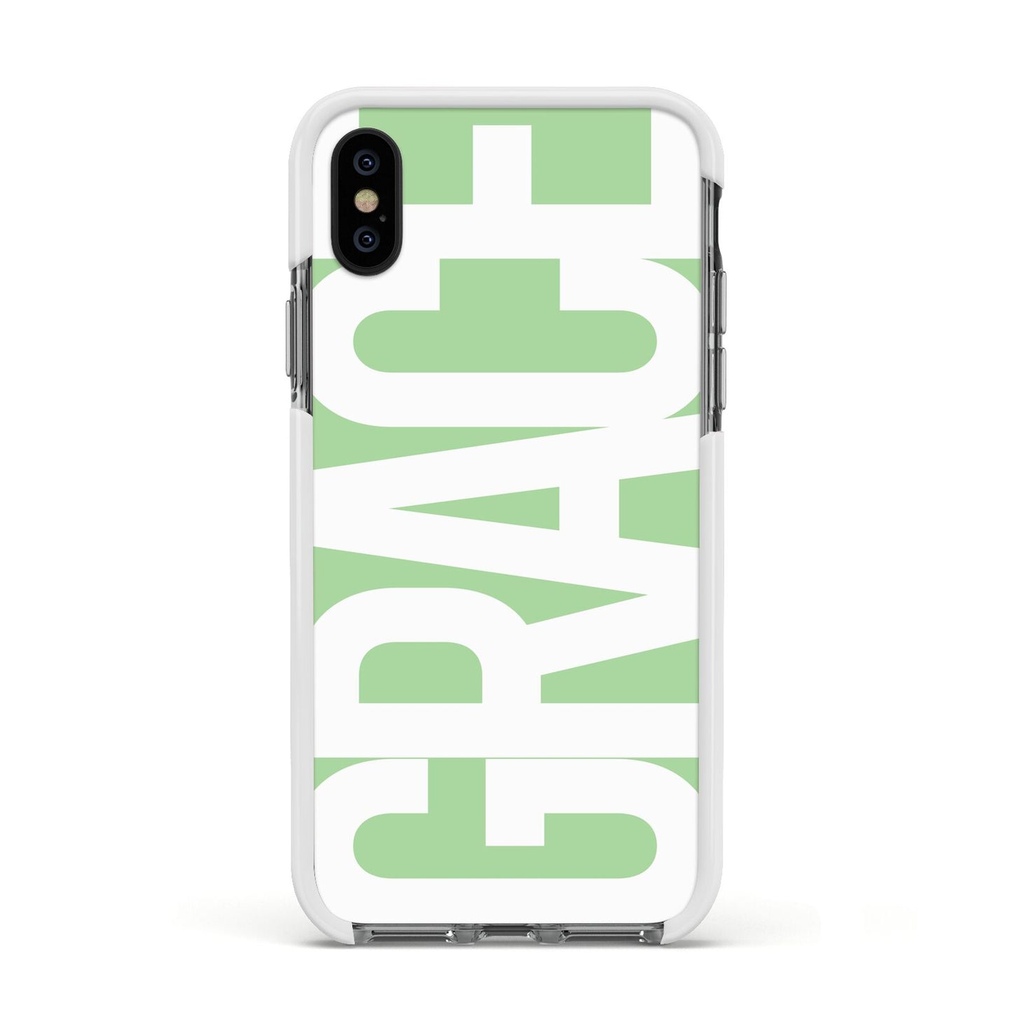 Pale Green with Bold White Text Apple iPhone Xs Impact Case White Edge on Black Phone