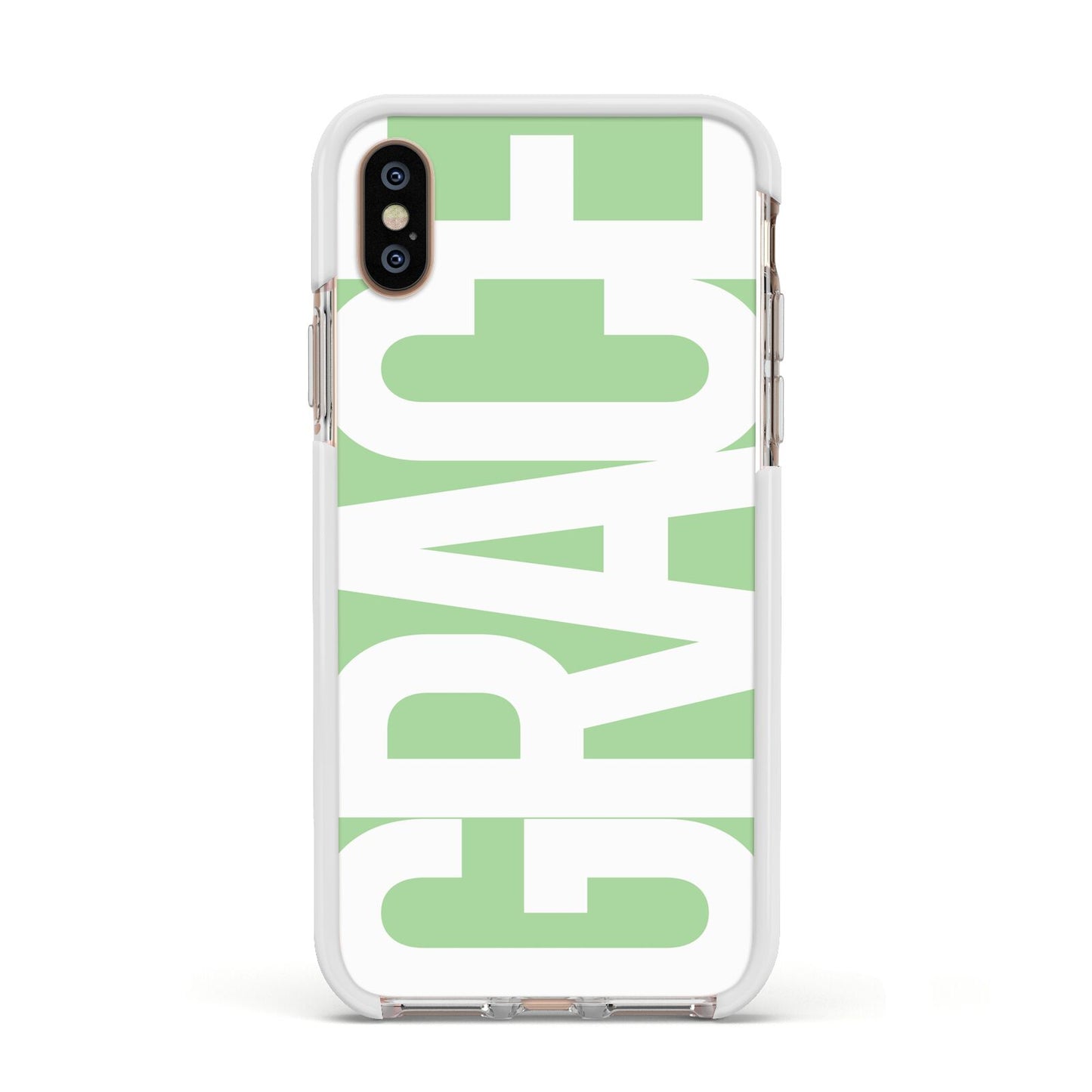Pale Green with Bold White Text Apple iPhone Xs Impact Case White Edge on Gold Phone