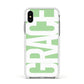 Pale Green with Bold White Text Apple iPhone Xs Impact Case White Edge on Silver Phone