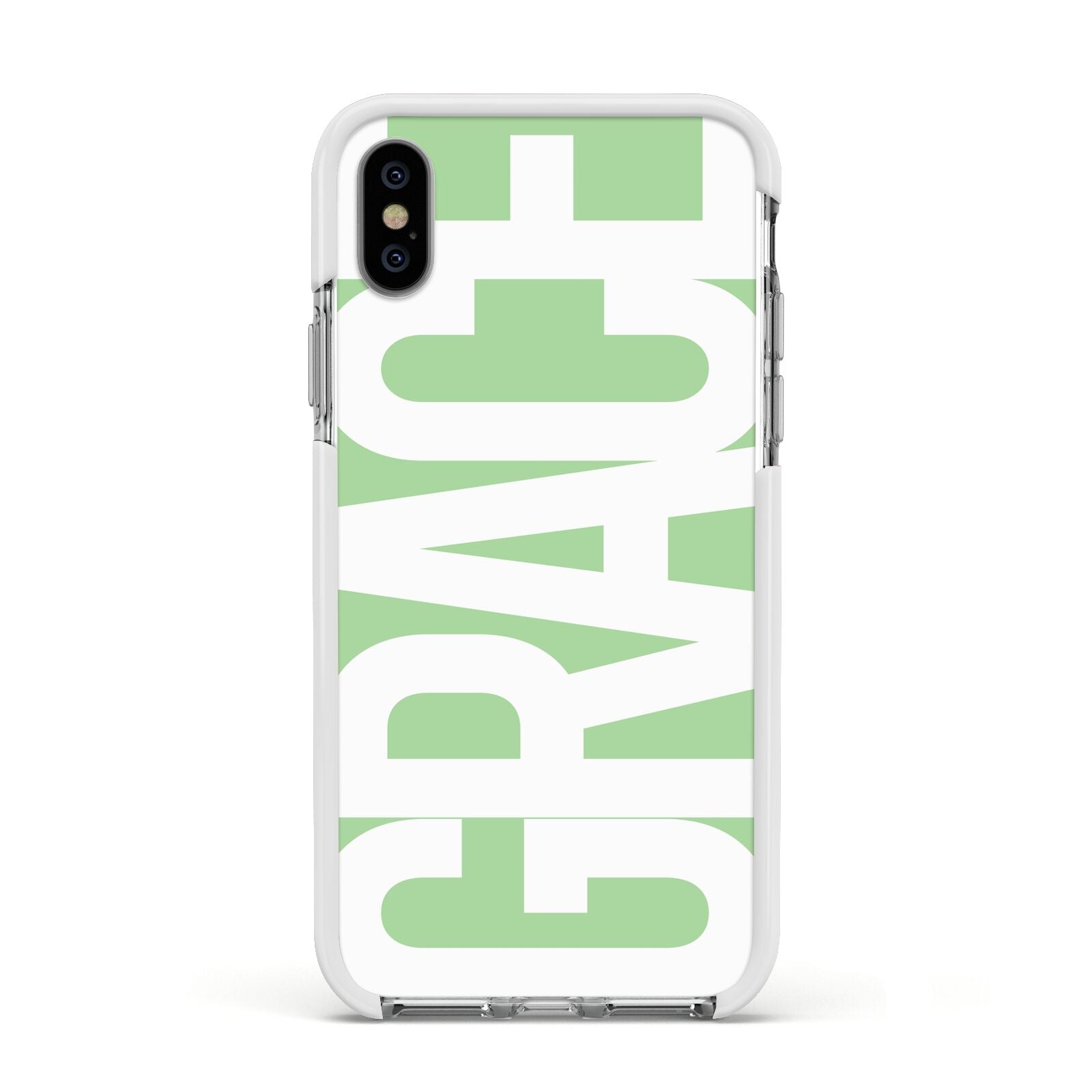 Pale Green with Bold White Text Apple iPhone Xs Impact Case White Edge on Silver Phone