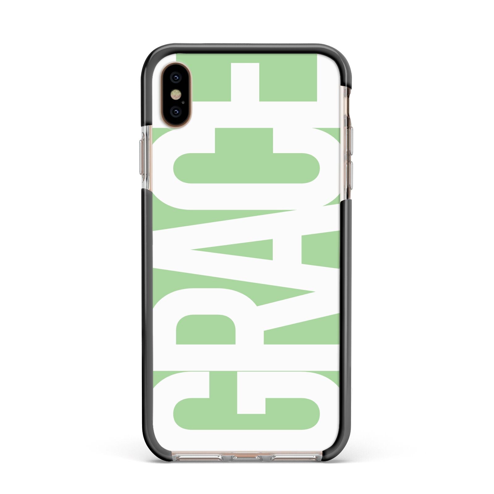 Pale Green with Bold White Text Apple iPhone Xs Max Impact Case Black Edge on Gold Phone