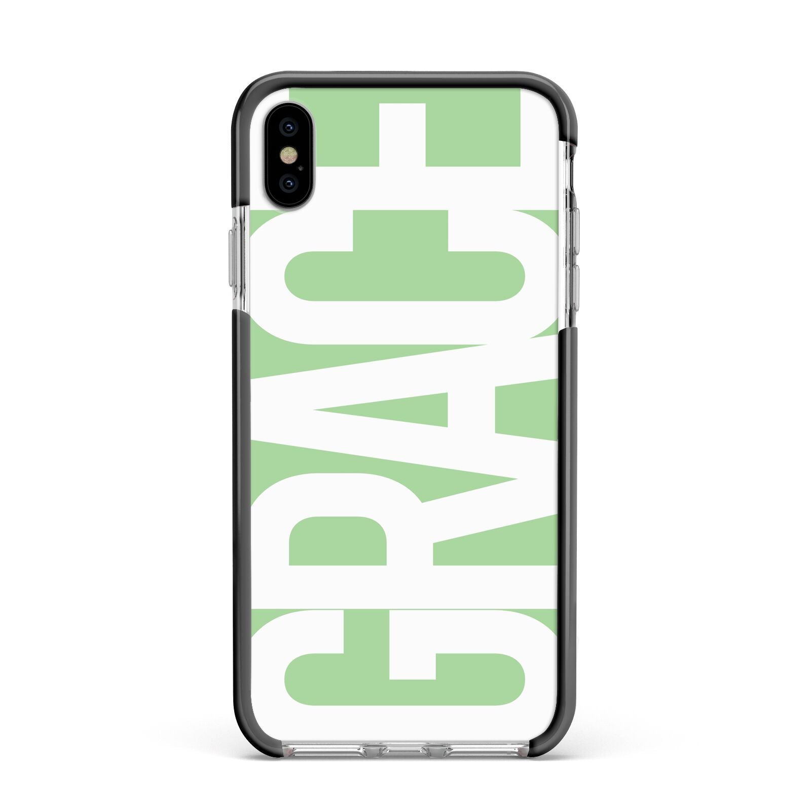 Pale Green with Bold White Text Apple iPhone Xs Max Impact Case Black Edge on Silver Phone