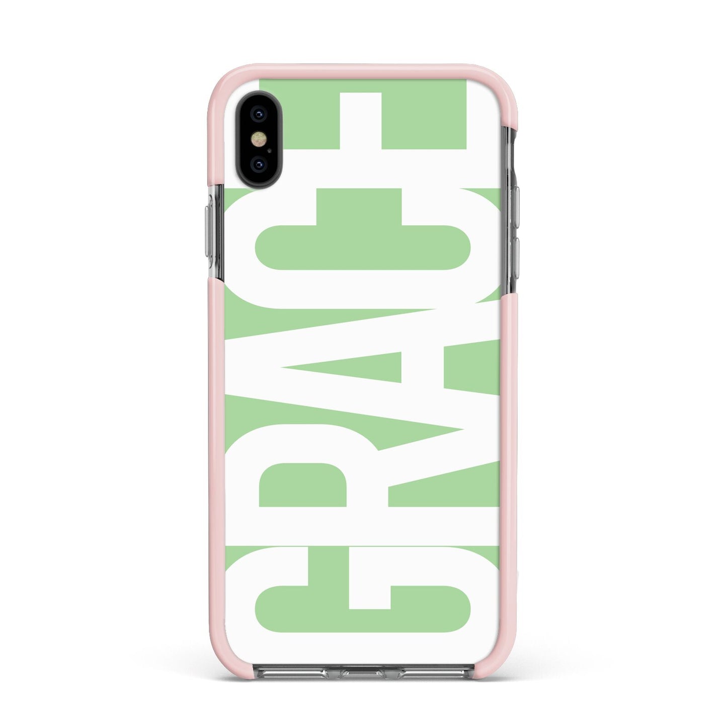 Pale Green with Bold White Text Apple iPhone Xs Max Impact Case Pink Edge on Black Phone