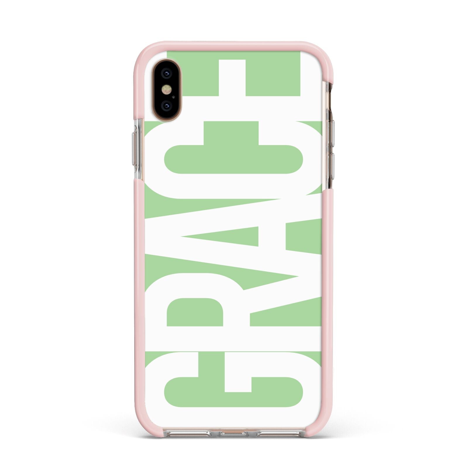 Pale Green with Bold White Text Apple iPhone Xs Max Impact Case Pink Edge on Gold Phone