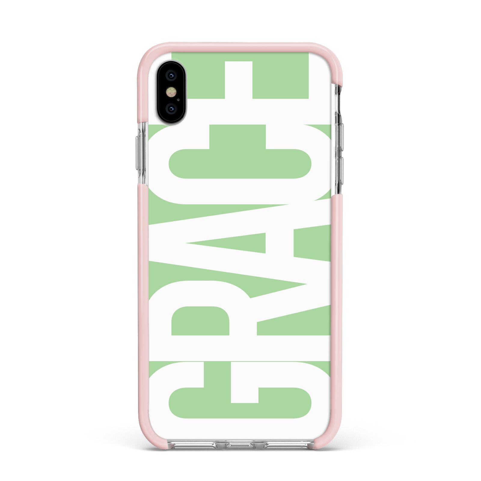 Pale Green with Bold White Text Apple iPhone Xs Max Impact Case Pink Edge on Silver Phone