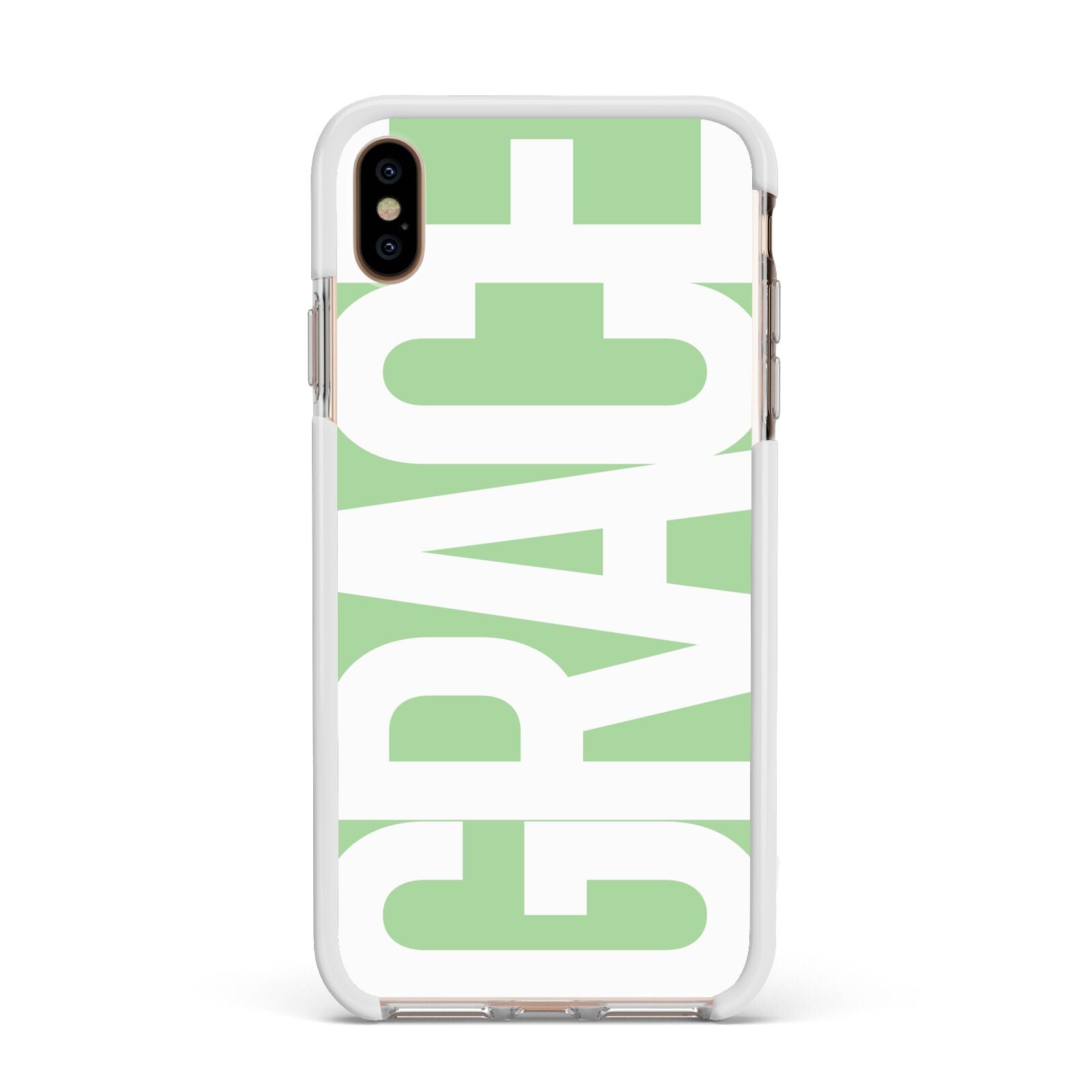 Pale Green with Bold White Text Apple iPhone Xs Max Impact Case White Edge on Gold Phone
