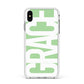 Pale Green with Bold White Text Apple iPhone Xs Max Impact Case White Edge on Silver Phone