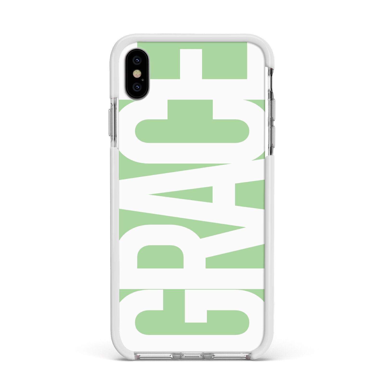 Pale Green with Bold White Text Apple iPhone Xs Max Impact Case White Edge on Silver Phone